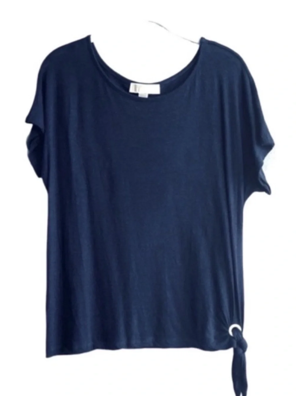 Michael Kors Short Sleeve Blouse Linen Blend Side Tie True Navy Blue Size M